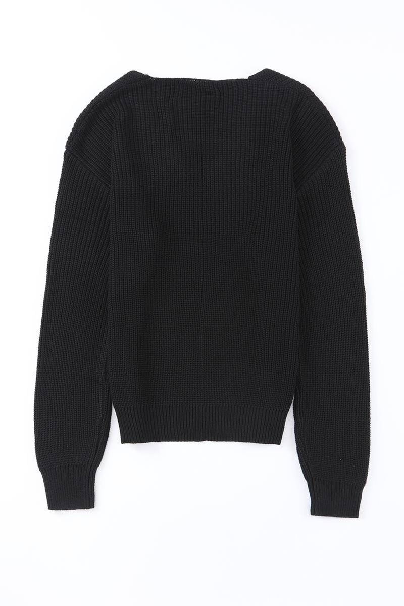 Ribbed Knit V Neck Long Sleeve Sweater