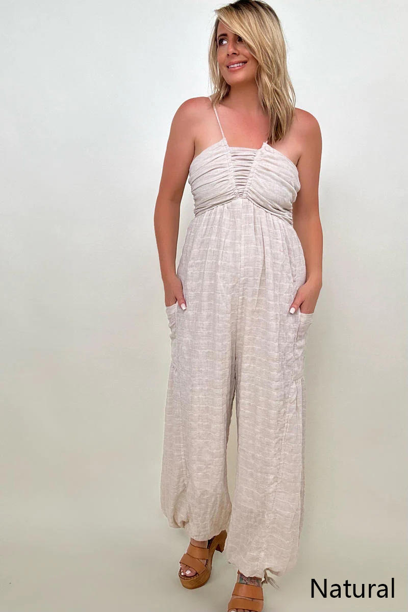 White Birch Sleeveless Halter Tie Back Woven Jumpsuit