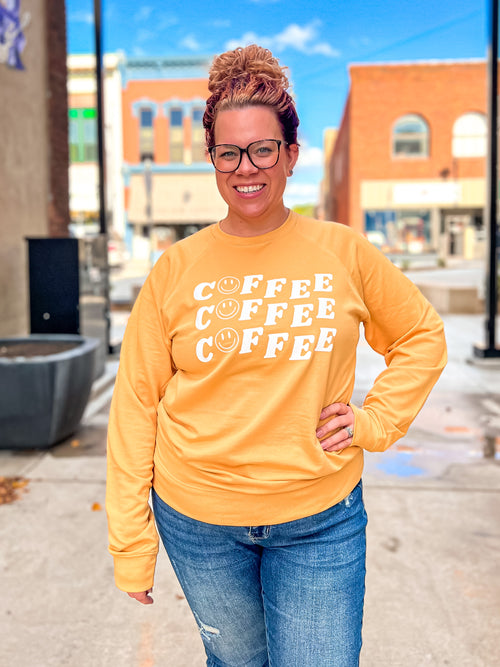 Coffee Smiley French Terry Pullover- Mustard