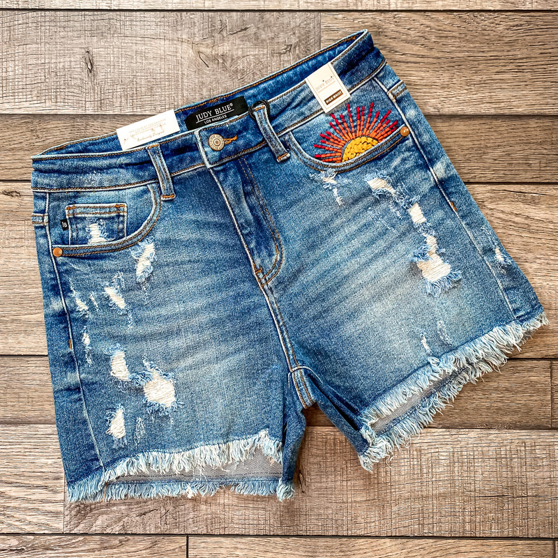 Sunshine in my Pocket Shorts- Judy Blue Hi-Rise Sun Embroidered Cutoff