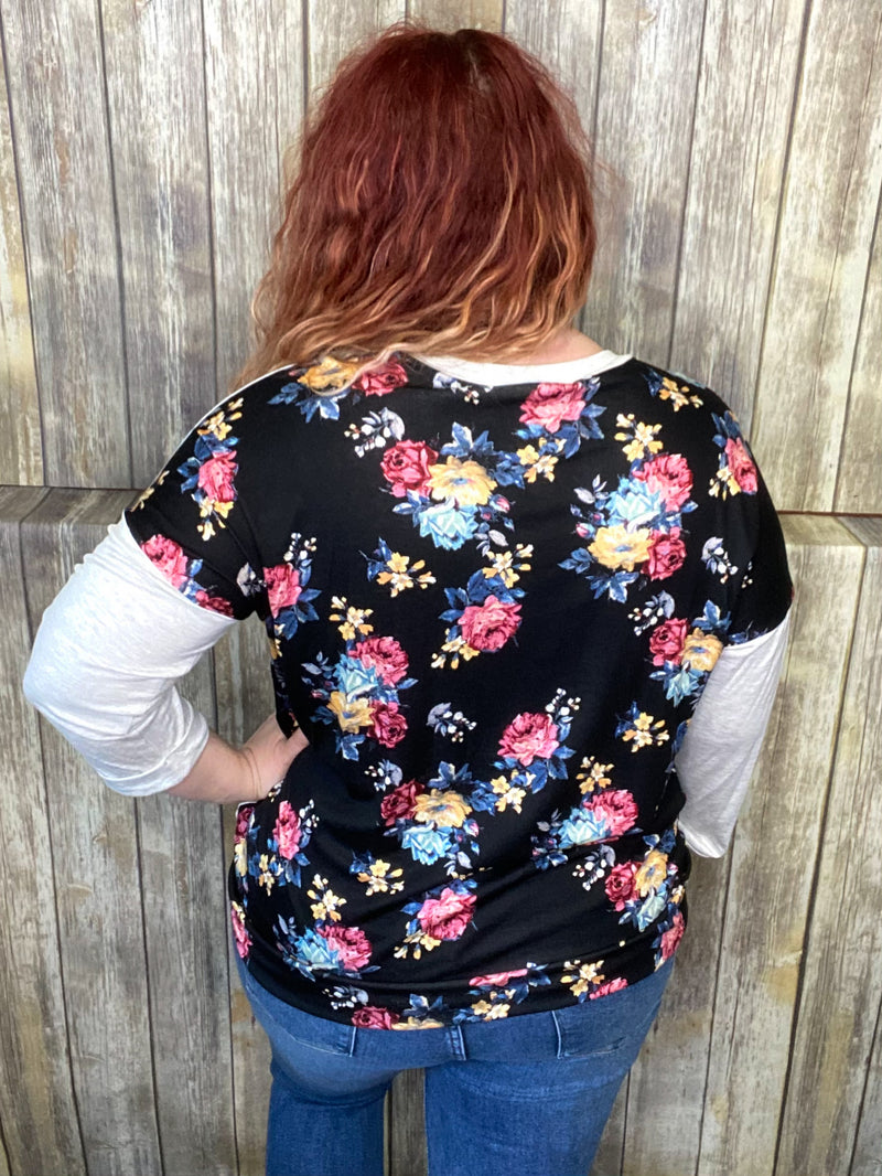 Dancing in the Moon Light Top- Floral and Grey 3/4 sleeve